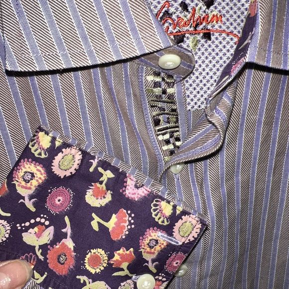 Robert Graham Long Sleeve Button Down Striped Shirt purple floral cuffs Sz MD - Picture 3 of 8
